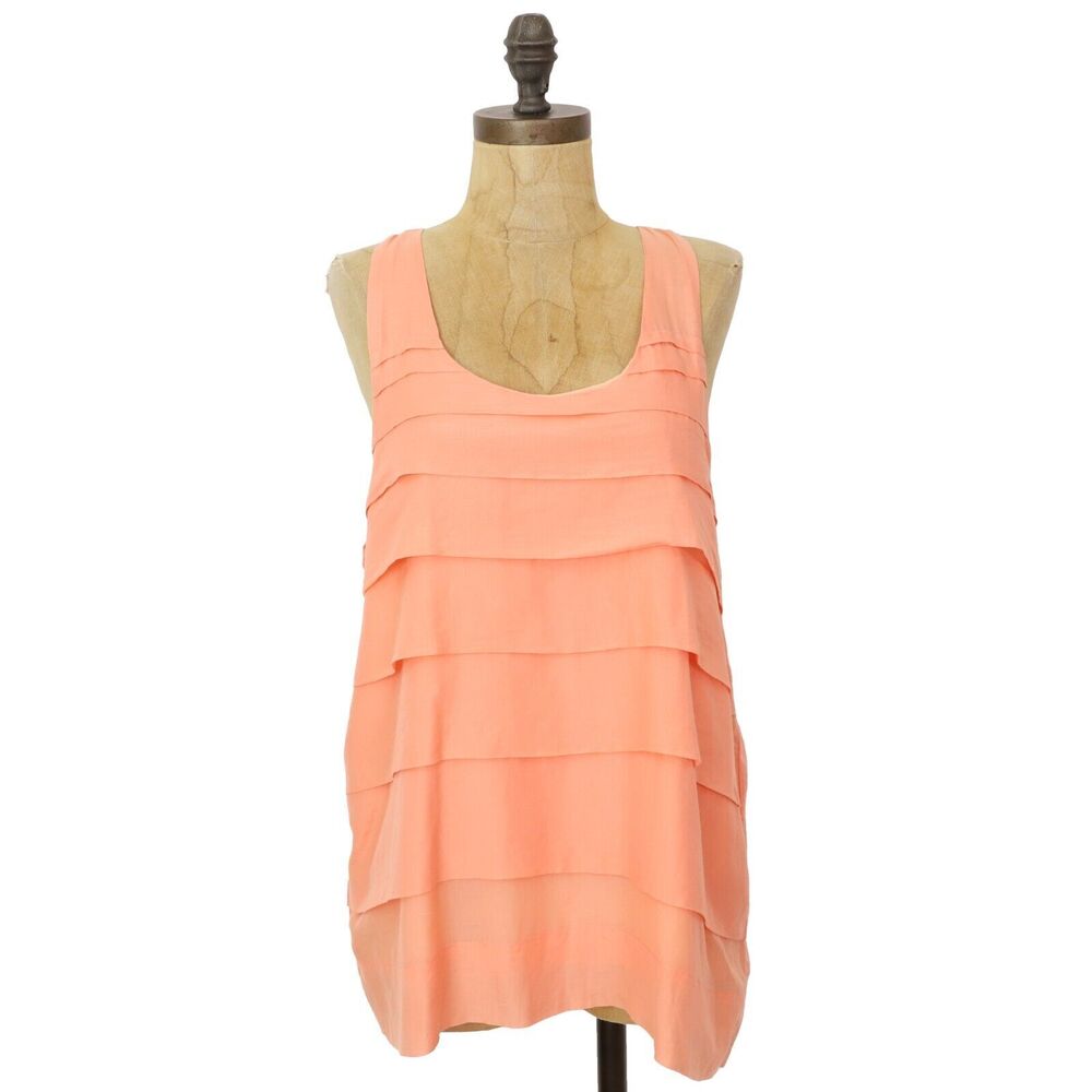 HELMUT LANG Tiered Tank Top M Peach Coral Orange Woven Lined Tunic EUC B77